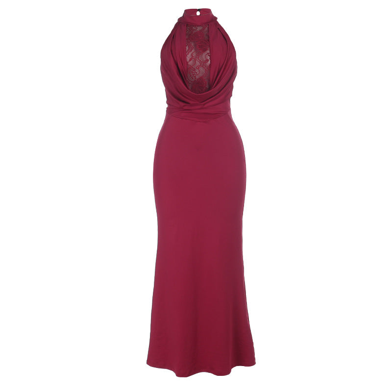 Halter crewneck lace backless solid maxi dress  | Festival Outfits Women