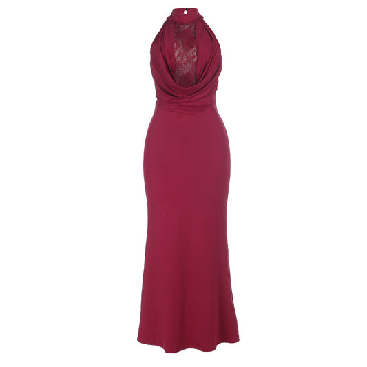 Halter crewneck lace backless solid maxi dress  | Festival Outfits Women