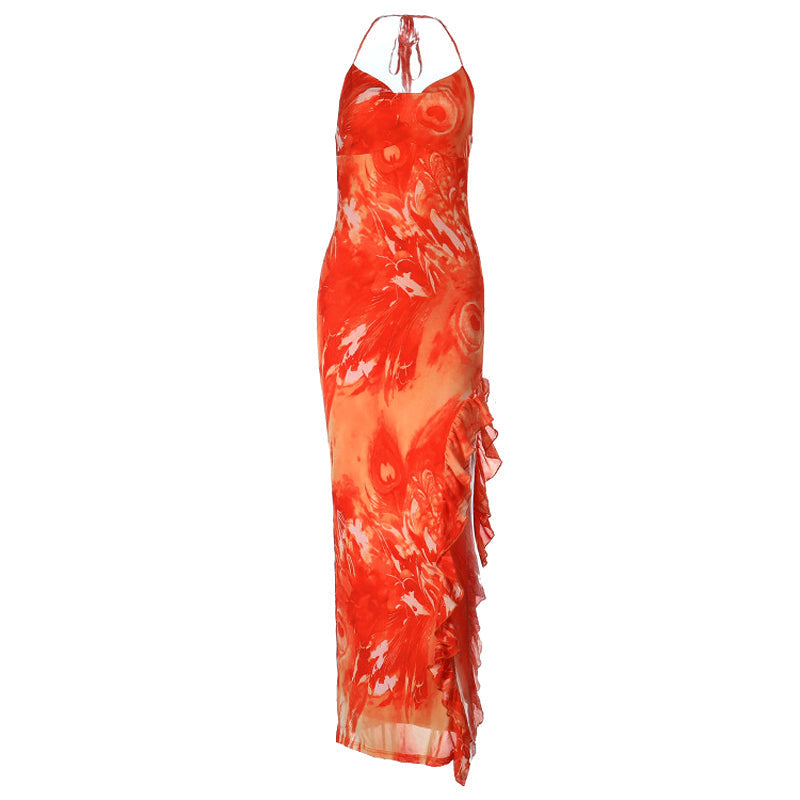 Ruffle slit print halter self tie cowl neck maxi dress  | Festival Outfits Women