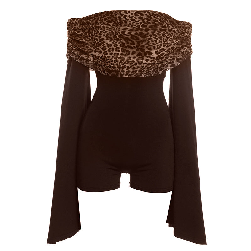 Long flared sleeve off shoulder leopard print romper  | Festival Outfits Women