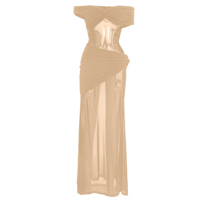Off shoulder hollow out ruched irregular mesh cut out mini dress  | Festival Outfits Women