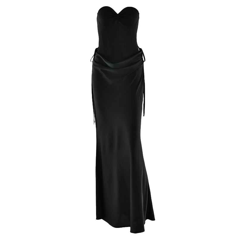 Sweetheart neck pleated satin backless tube maxi skirt set  | Festival Outfits Women