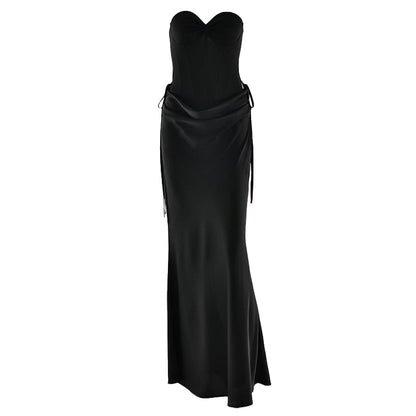 Sweetheart neck pleated satin backless tube maxi skirt set  | Festival Outfits Women