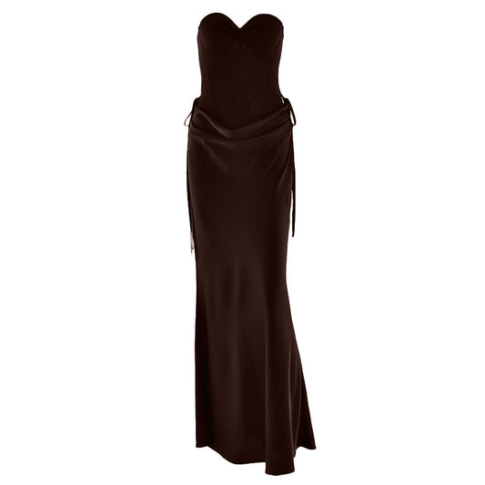Sweetheart neck pleated satin backless tube maxi skirt set  | Festival Outfits Women