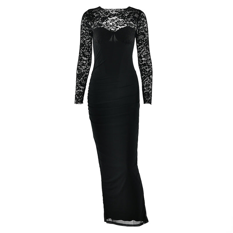 Crewneck long sleeve lace slit solid midi dress  | Festival Outfits Women