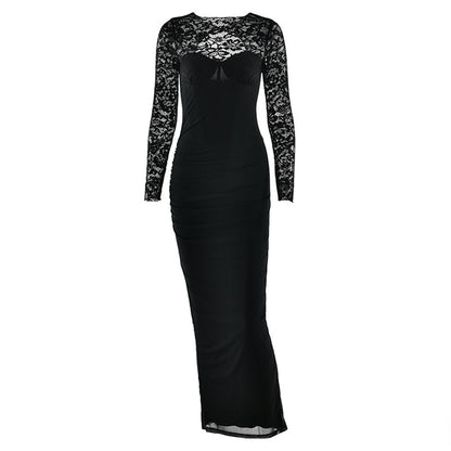 Crewneck long sleeve lace slit solid midi dress  | Festival Outfits Women