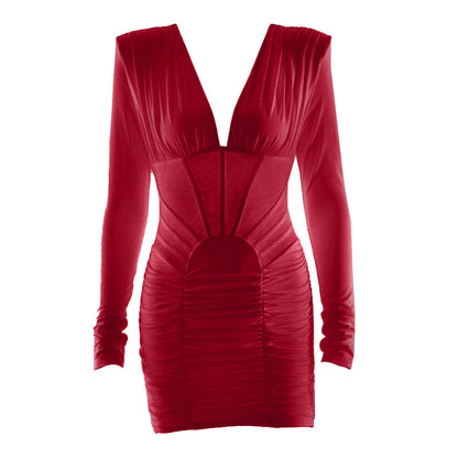 Long sleeve ruched v neck solid mini dress  | Festival Outfits Women