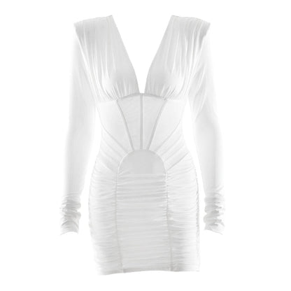 Long sleeve ruched v neck solid mini dress  | Festival Outfits Women