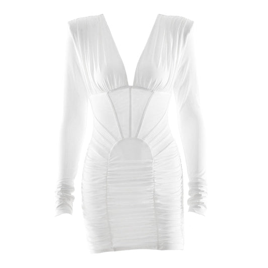 Long sleeve ruched v neck solid mini dress  | Festival Outfits Women
