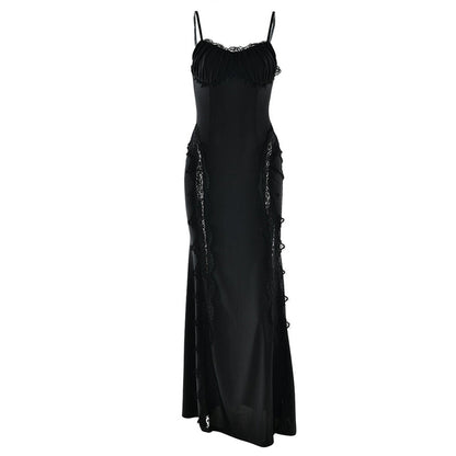 Lace hem v neck backless solid cami maxi dress  | Festival Outfits Women