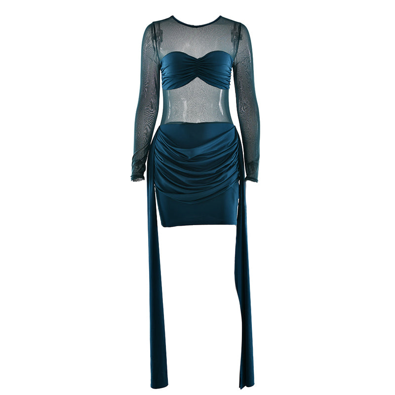 Crewneck long sleeve ruched mesh mini dress  | Festival Outfits Women