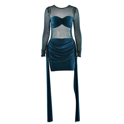 Crewneck long sleeve ruched mesh mini dress  | Festival Outfits Women