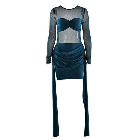 Crewneck long sleeve ruched mesh mini dress  | Festival Outfits Women
