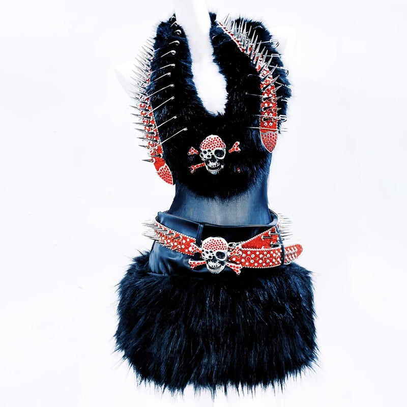 Halter fluffy rivet skull applique backless top  | Festival Outfits Women
