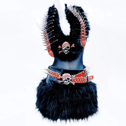 Halter fluffy rivet skull applique backless top  | Festival Outfits Women