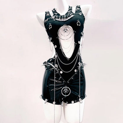 Hollow out o ring metal chain crewneck bodysuit  | Festival Outfits Women