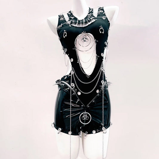 Hollow out o ring metal chain crewneck bodysuit  | Festival Outfits Women