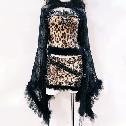 Leopard print glitter long sleeve spider applique mini skirt set  | Festival Outfits Women  | Leopard Print Mini Dress