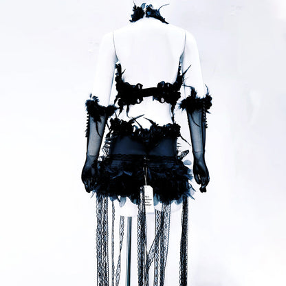 Halter hollow out beaded flower applique feather cut out top  | Festival Outfits Women