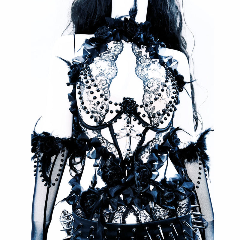 Halter hollow out beaded flower applique feather cut out top  | Festival Outfits Women