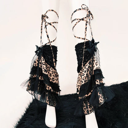 Leopard print self tie bowknot skull applique leg warmer  | Festival Outfits Women