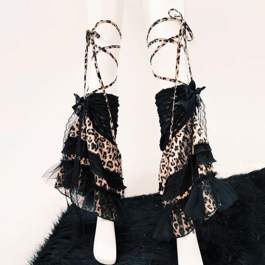 Leopard print self tie bowknot skull applique leg warmer  | Festival Outfits Women