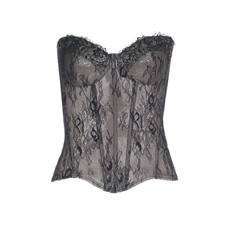Sweetheart neck lace backless zip-up tube top  | Festival Outfits Women