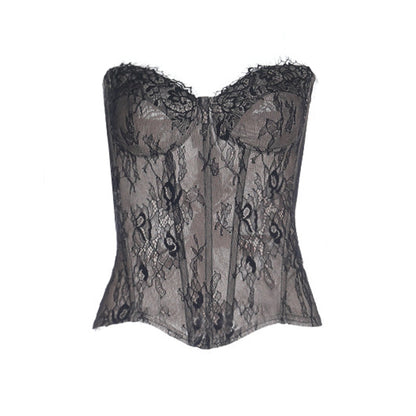 Sweetheart neck lace backless zip-up tube top  | Festival Outfits Women