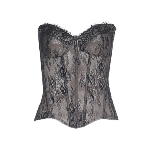 Sweetheart neck lace backless zip-up tube top  | Festival Outfits Women