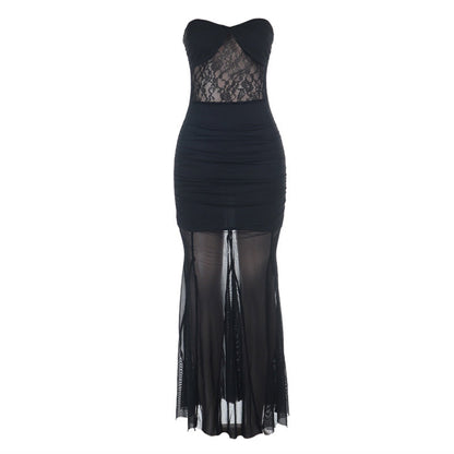 Mesh ruched tube backless solid maxi dress  | Festival Outfits Women
