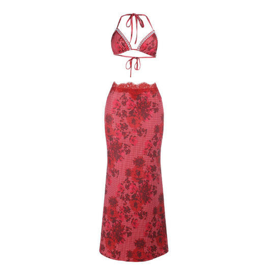 Self tie halter flower print lace hem maxi skirt set  | Festival Outfits Women