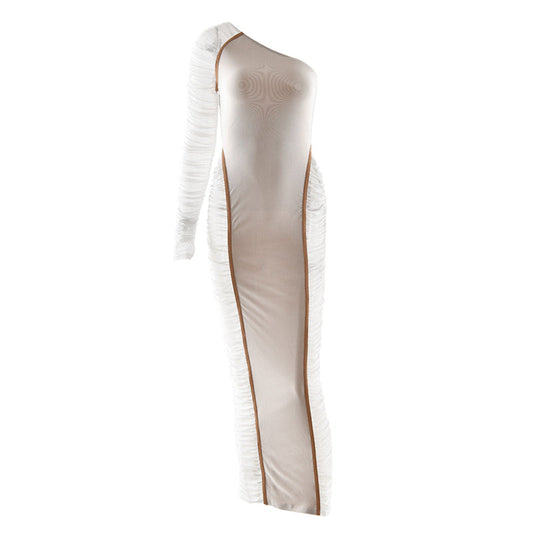 Irregular long sleeve ruched mesh mini dress  | Festival Outfits Women