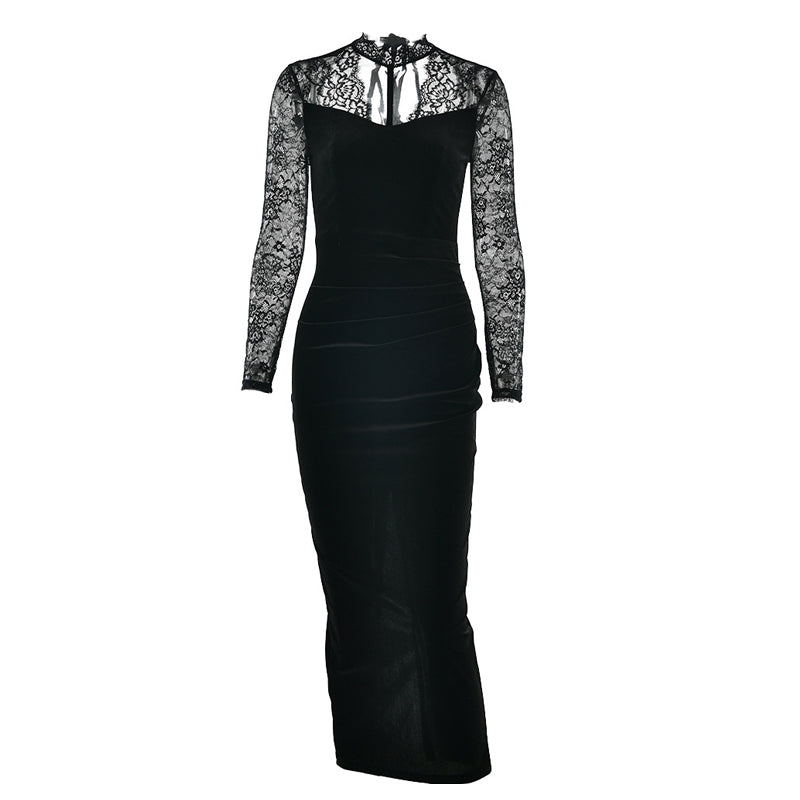 Lace long sleeve hollow out self tie slit midi dress  | Festival Outfits Women