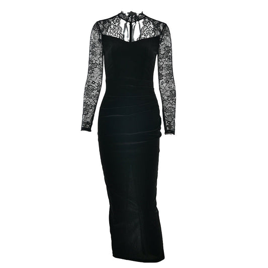 Lace long sleeve hollow out self tie slit midi dress  | Festival Outfits Women