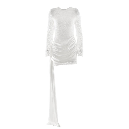 Crewneck long sleeve irregular ruched lace mini dress  | Festival Outfits Women