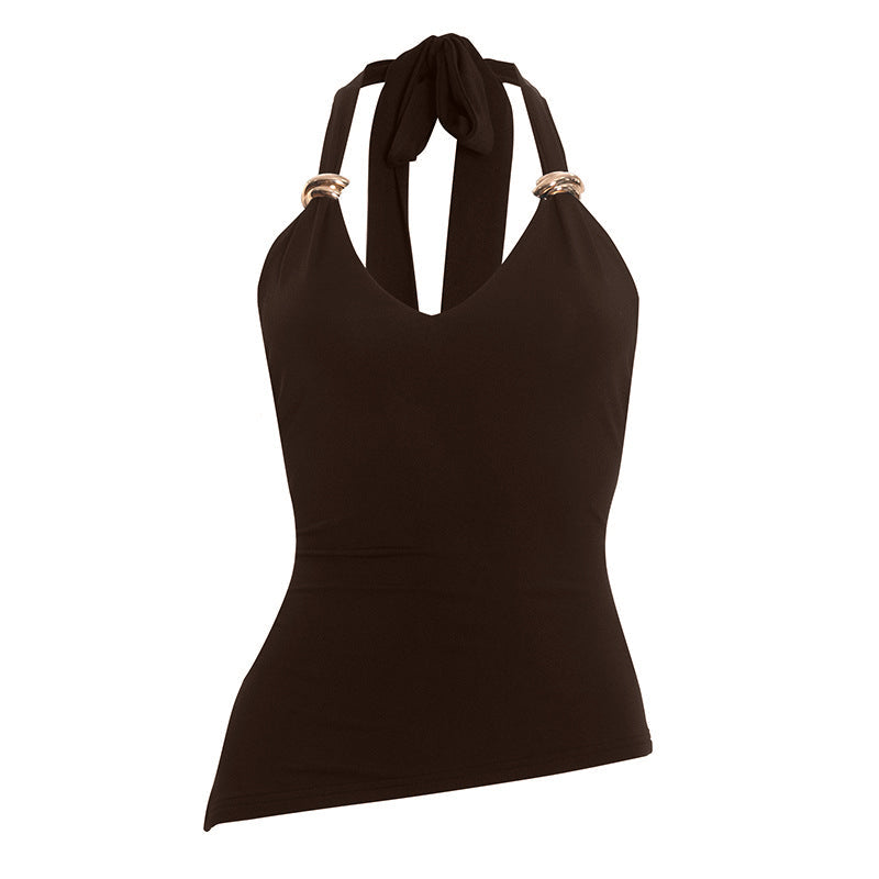 Irregular v neck self tie halter backless top  | Festival Outfits Women