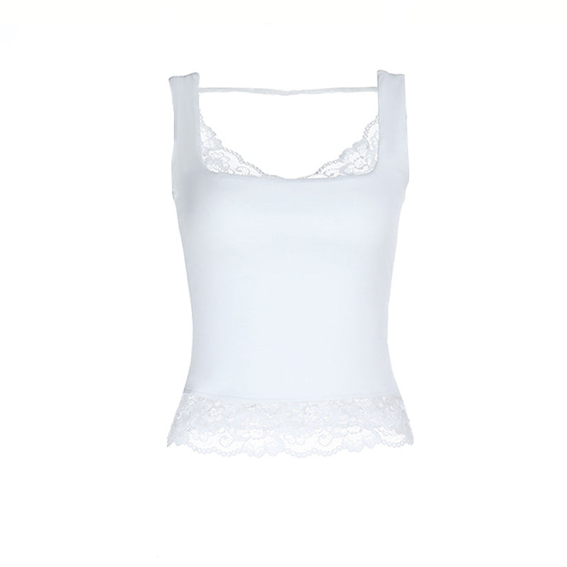 Lace hem v neck backless solid tank top  | Festival Outfits Women