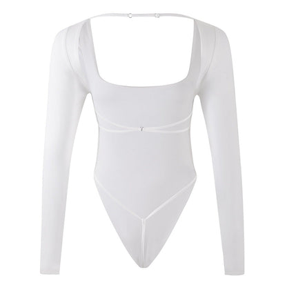 Long sleeve square neck cross back solid bodysuit  | Festival Outfits Women