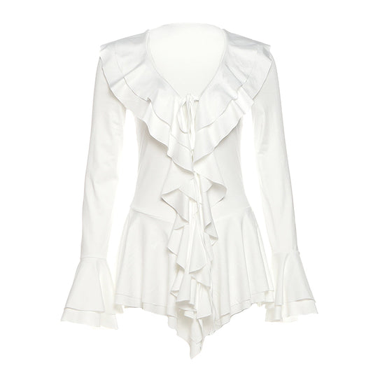Long flared sleeve ruffle v neck self tie mini dress  | Festival Outfits Women