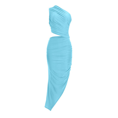 Irregular one shoulder ruched hollow out midi dress  | Festival Outfits Women
