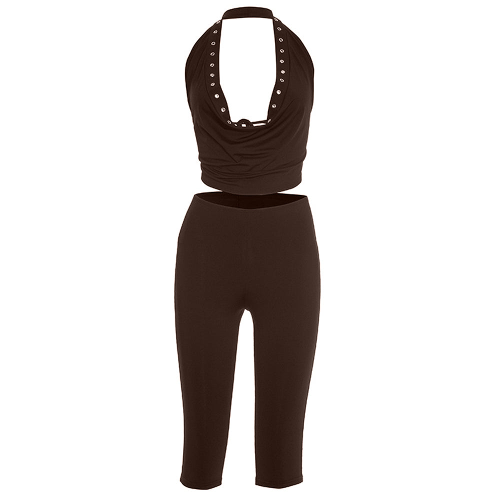 Halter self tie cowl neck hollow out pant set  | Festival Outfits Women