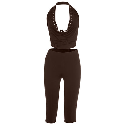 Halter self tie cowl neck hollow out pant set  | Festival Outfits Women