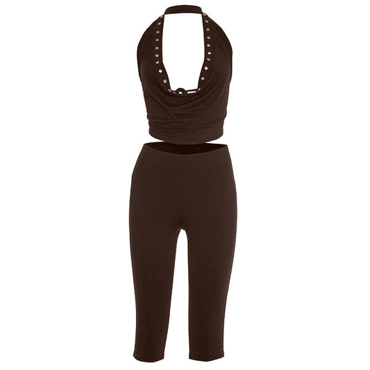 Halter self tie cowl neck hollow out pant set  | Festival Outfits Women