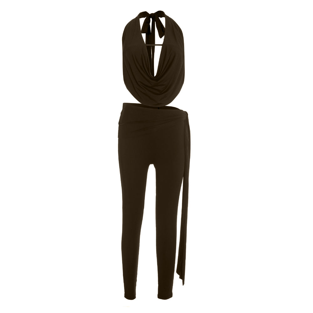 Self tie halter cowl neck irregular low rise pant set  | Festival Outfits Women