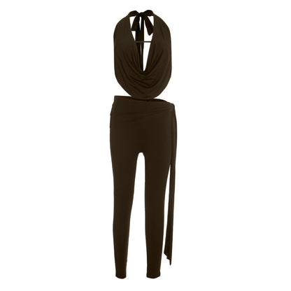 Self tie halter cowl neck irregular low rise pant set  | Festival Outfits Women
