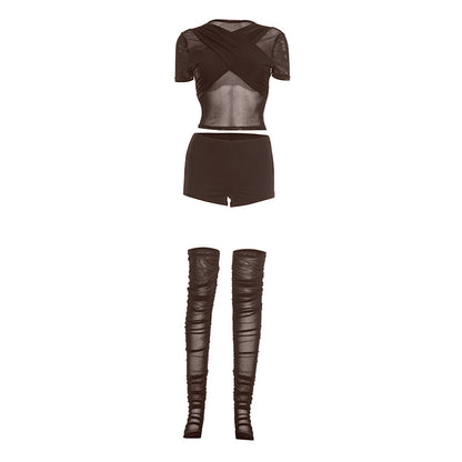 Short sleeve crewneck mesh ruched pant set  | Festival Outfits Women