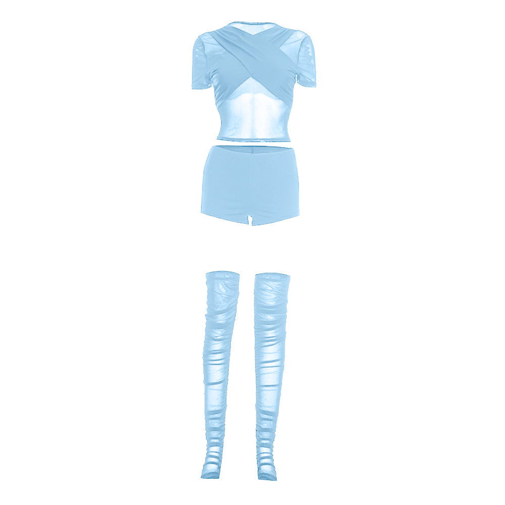 Short sleeve crewneck mesh ruched pant set  | Festival Outfits Women