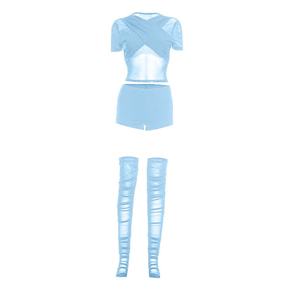 Short sleeve crewneck mesh ruched pant set  | Festival Outfits Women