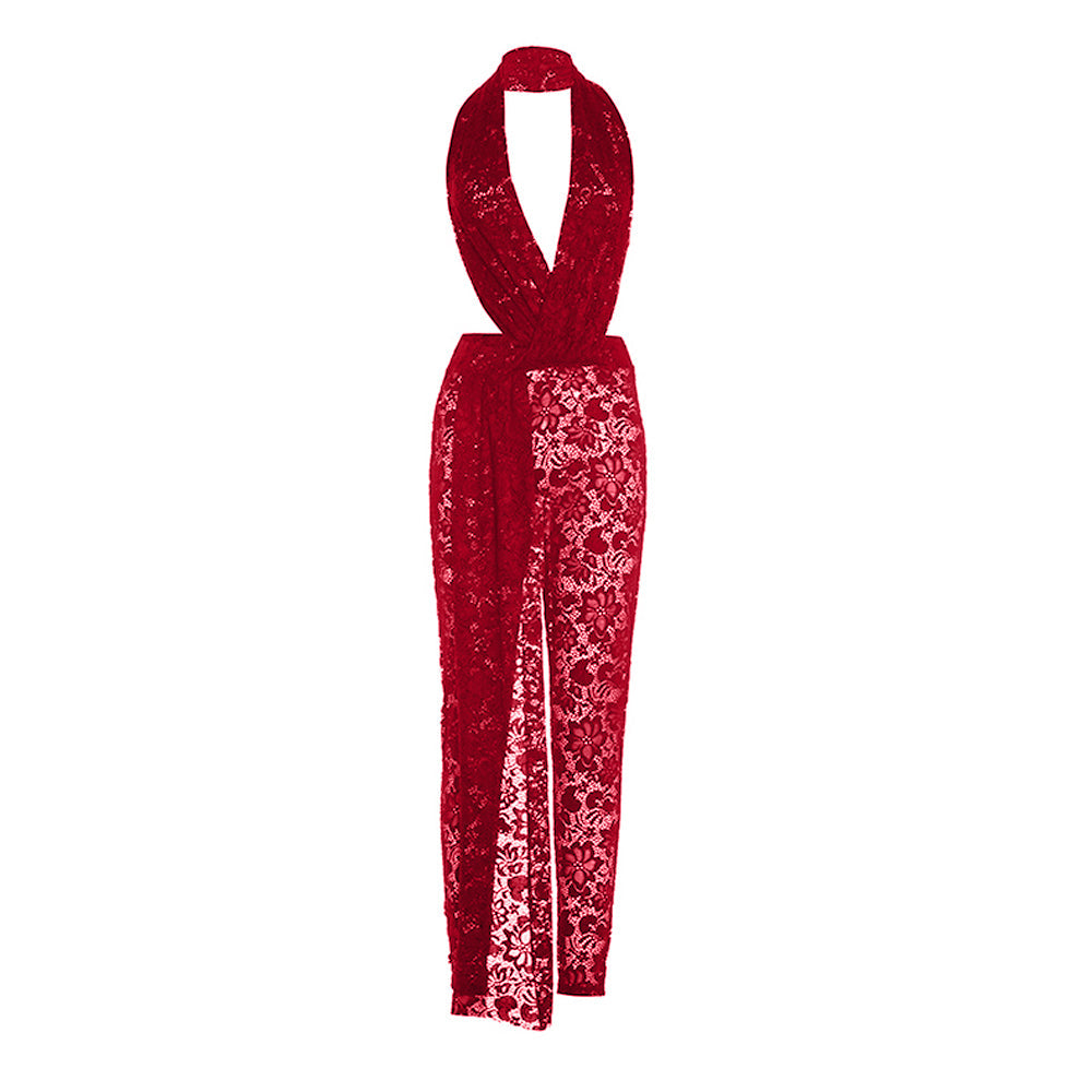 Halter deep V neck lace see through irregular jumpsuit  | Festival Outfits Women