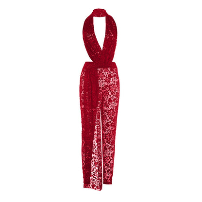Halter deep V neck lace see through irregular jumpsuit  | Festival Outfits Women